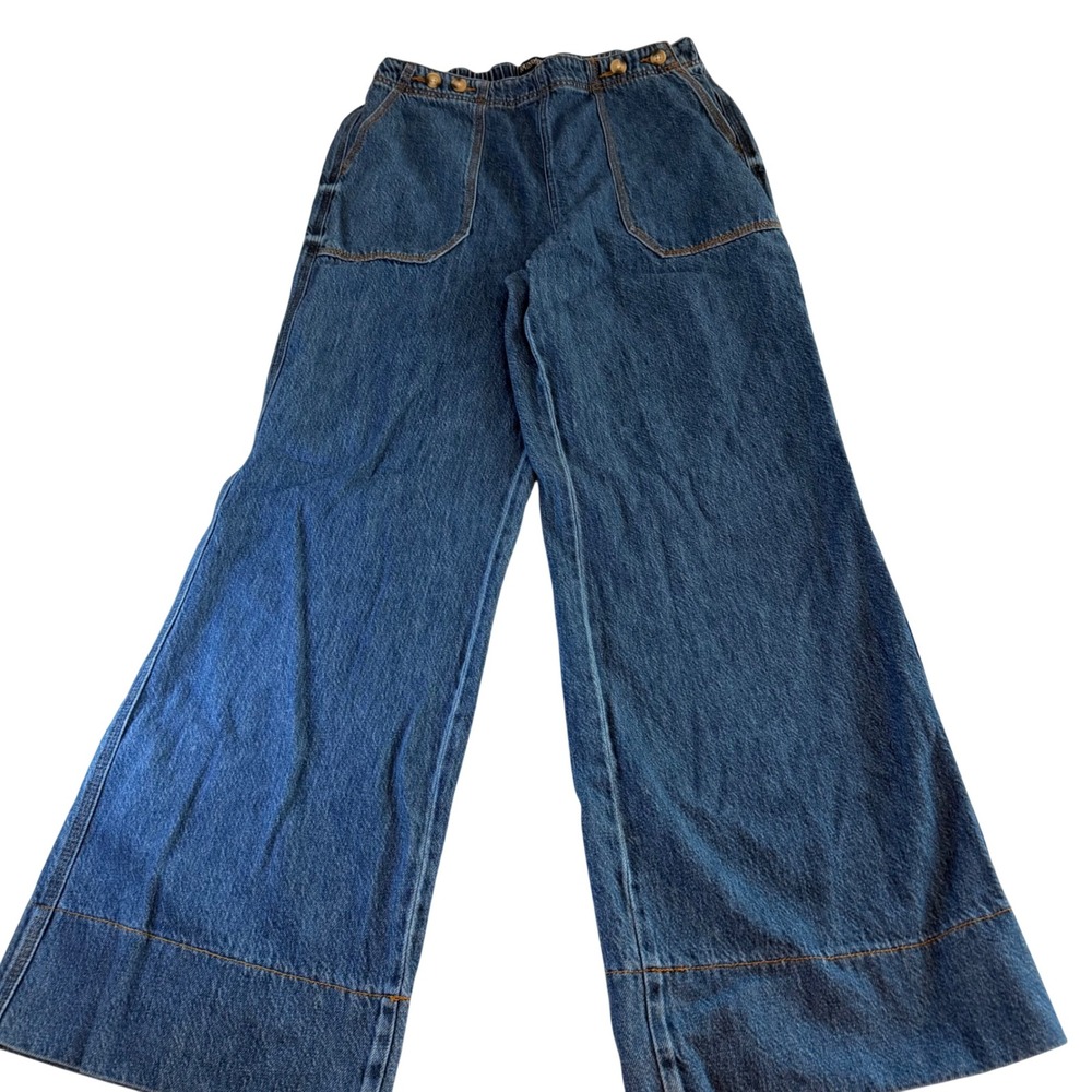 SOUNDSTYLE Wide Leg Sailor Denim Trousers Elastic Waist Button Fly Medium‎